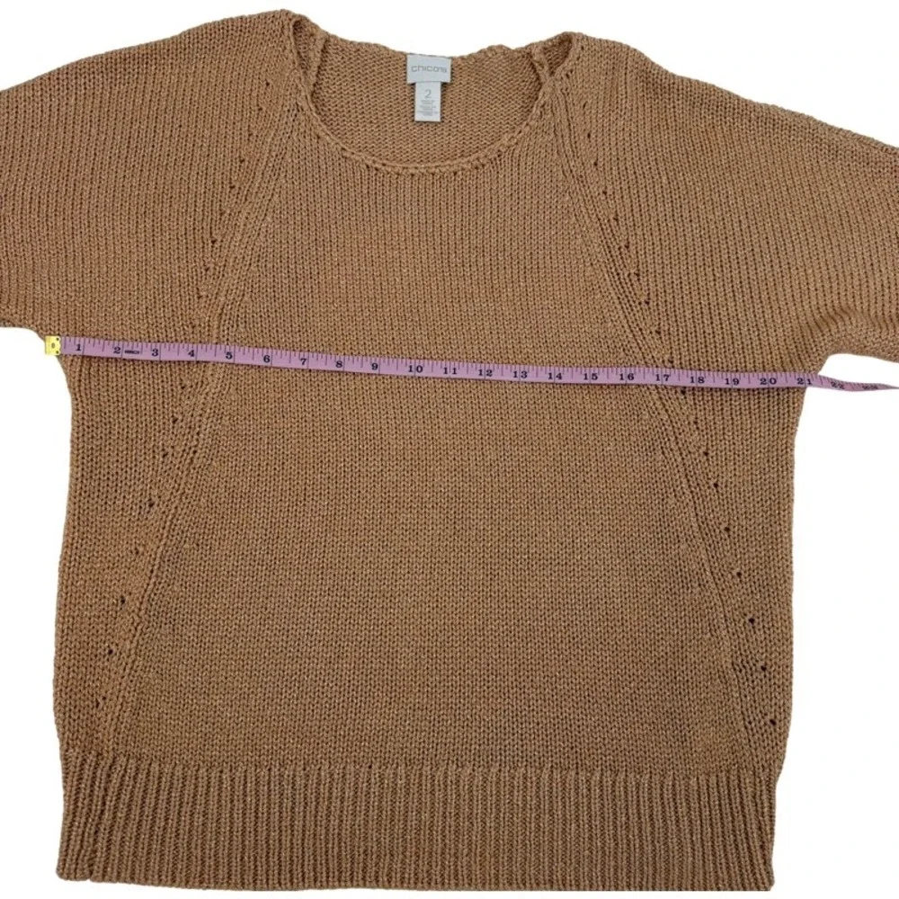 CHICOS Size Large Short Sleeve Sweater Peach Metallic Knit Pointelle Easter Wear